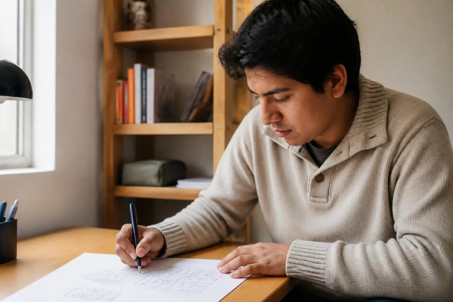 Un diagrama de razonamiento trazado a mano sobre el escritorio